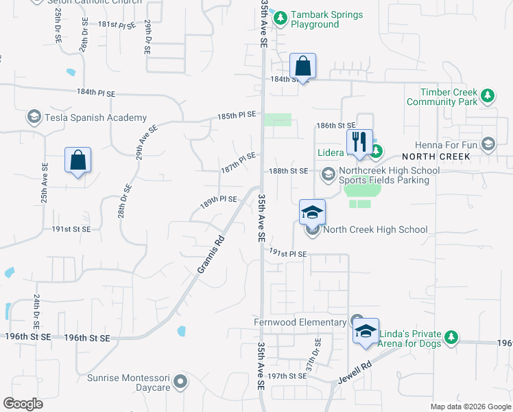 map of restaurants, bars, coffee shops, grocery stores, and more near 3333 189th Place Southeast in Bothell