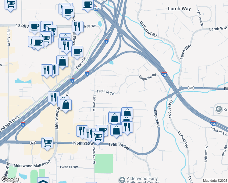 map of restaurants, bars, coffee shops, grocery stores, and more near 2223 190th Street Southwest in Lynnwood