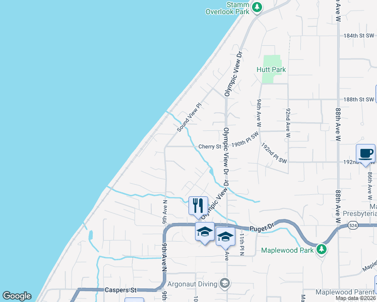 map of restaurants, bars, coffee shops, grocery stores, and more near 9823 Cherry Street in Edmonds