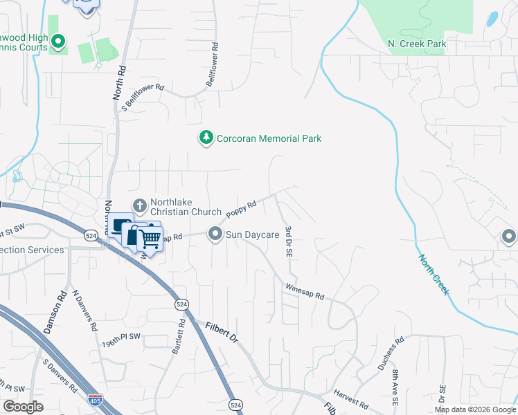 map of restaurants, bars, coffee shops, grocery stores, and more near 19002 2nd Avenue Southeast in Bothell