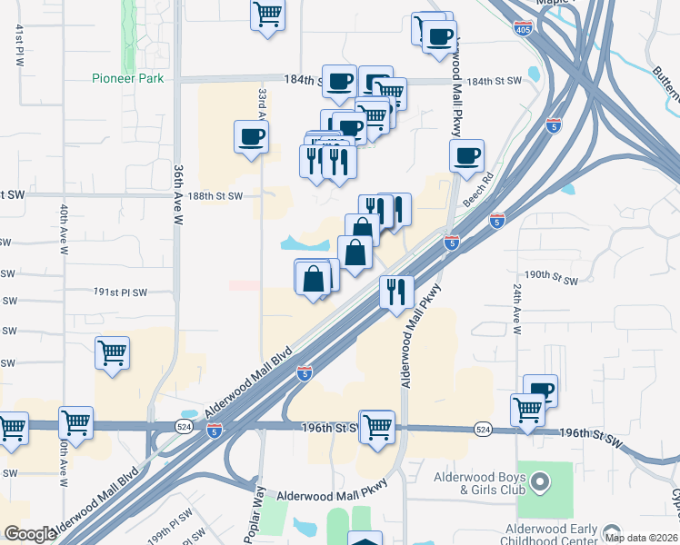 map of restaurants, bars, coffee shops, grocery stores, and more near 18930 29th Avenue West in Lynnwood
