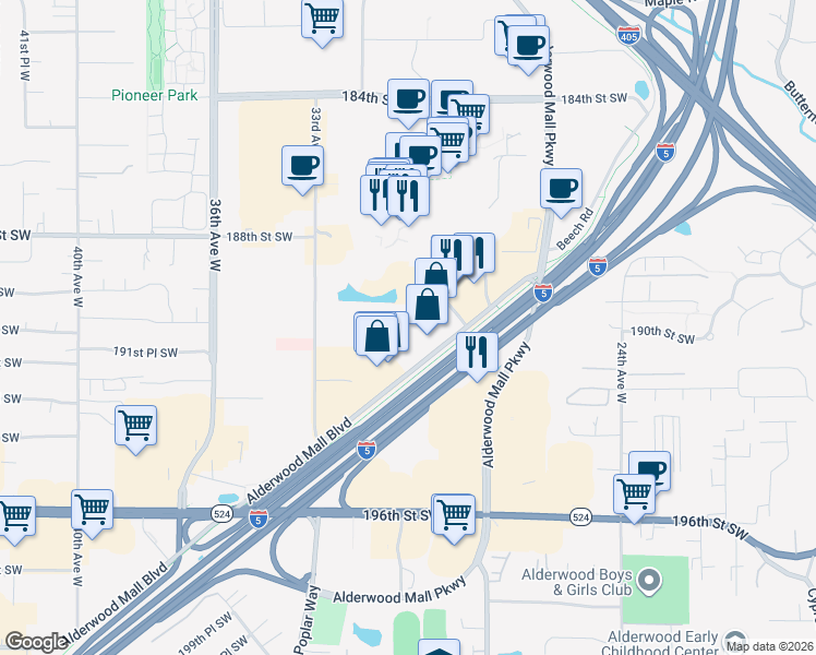 map of restaurants, bars, coffee shops, grocery stores, and more near 18930 29th Avenue West in Lynnwood