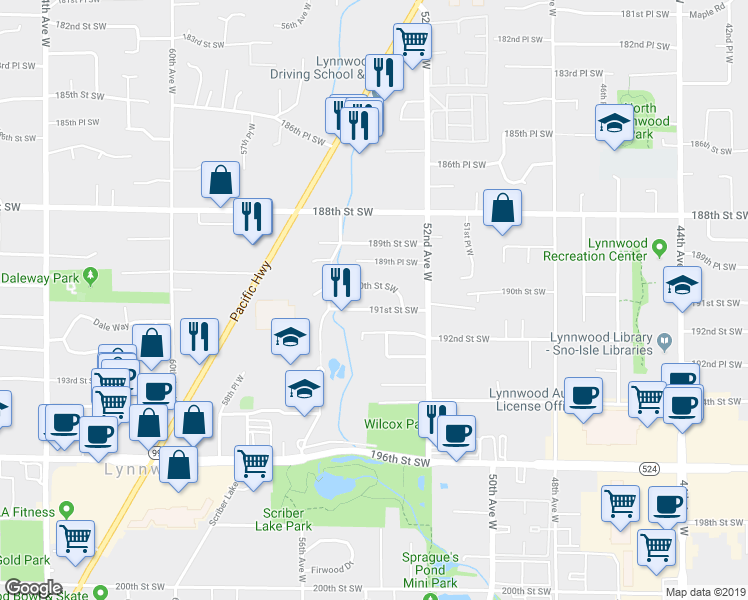 map of restaurants, bars, coffee shops, grocery stores, and more near 5320 190th Street Southwest in Lynnwood