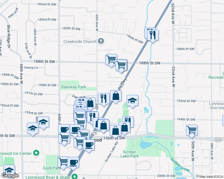 map of restaurants, bars, coffee shops, grocery stores, and more near 19020 Highway 99 in Lynnwood