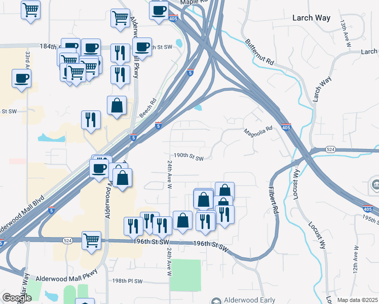 map of restaurants, bars, coffee shops, grocery stores, and more near 2223 190th Street Southwest in Lynnwood