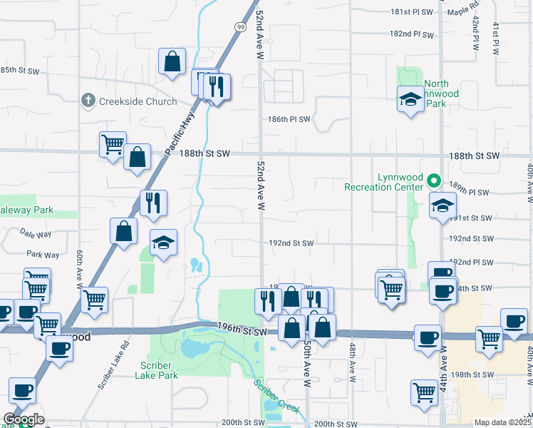map of restaurants, bars, coffee shops, grocery stores, and more near 5115 191st Street Southwest in Lynnwood
