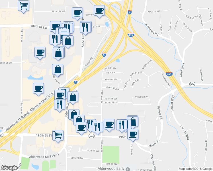 map of restaurants, bars, coffee shops, grocery stores, and more near 2323 190th Street Southwest in Lynnwood