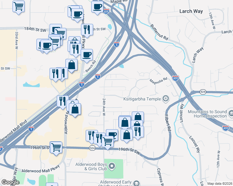 map of restaurants, bars, coffee shops, grocery stores, and more near 2229 190th Street Southwest in Lynnwood