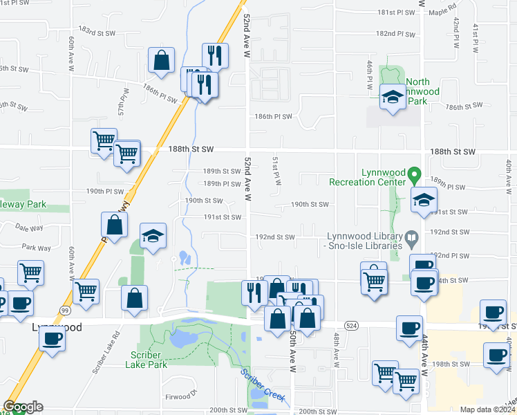 map of restaurants, bars, coffee shops, grocery stores, and more near 5115 191st Street Southwest in Lynnwood