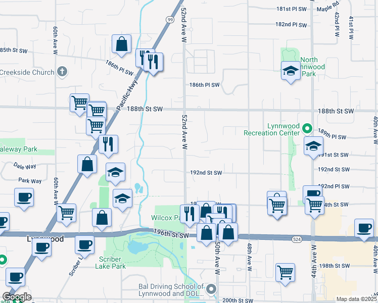 map of restaurants, bars, coffee shops, grocery stores, and more near 5115 191st Street Southwest in Lynnwood