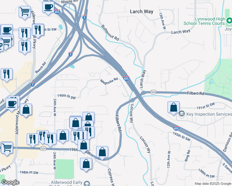 map of restaurants, bars, coffee shops, grocery stores, and more near 1700 Magnolia Road in Lynnwood