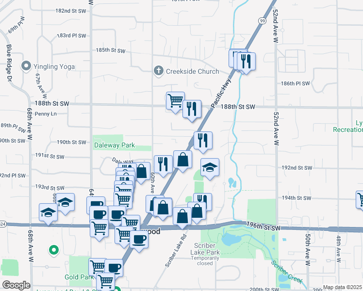 map of restaurants, bars, coffee shops, grocery stores, and more near 19020 Highway 99 in Lynnwood