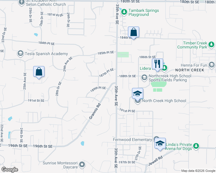 map of restaurants, bars, coffee shops, grocery stores, and more near 3333 189th Place Southeast in Bothell