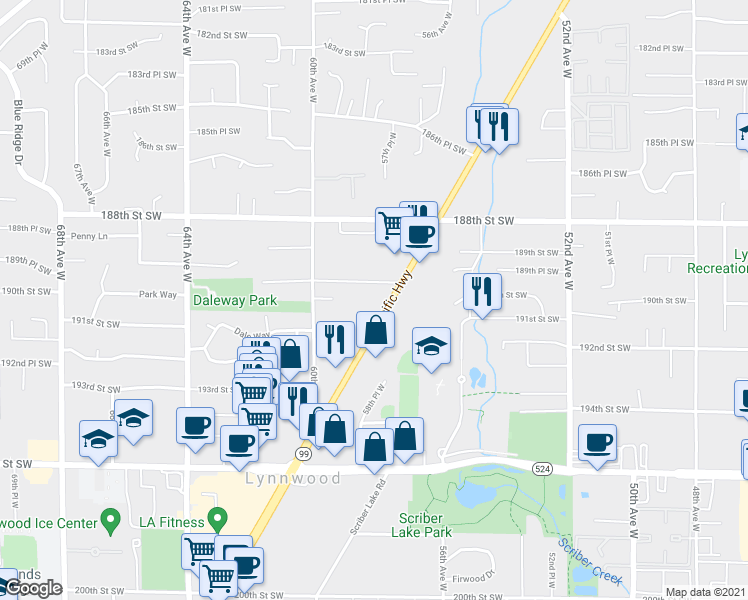 map of restaurants, bars, coffee shops, grocery stores, and more near 19020 Highway 99 in Lynnwood