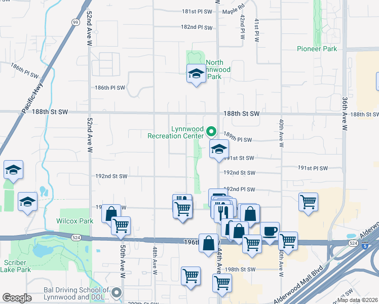 map of restaurants, bars, coffee shops, grocery stores, and more near 19015 46th Avenue West in Lynnwood