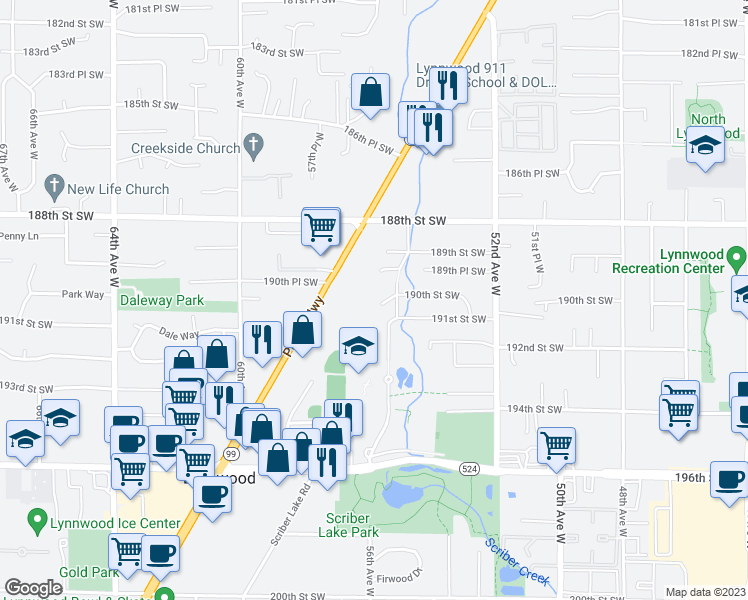 map of restaurants, bars, coffee shops, grocery stores, and more near 5525 190th Street Southwest in Lynnwood