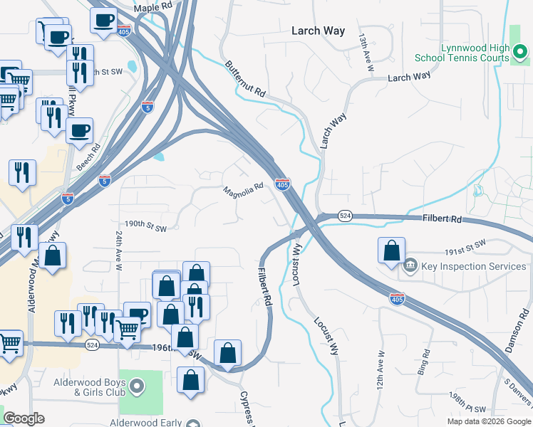 map of restaurants, bars, coffee shops, grocery stores, and more near 1700 Magnolia Road in Lynnwood