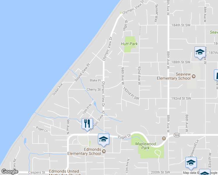 map of restaurants, bars, coffee shops, grocery stores, and more near 9527 190th Place Southwest in Edmonds