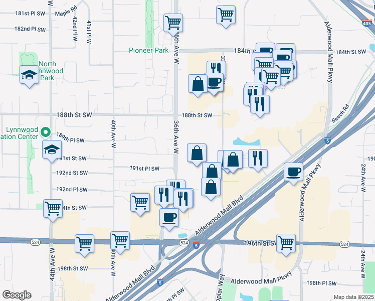 map of restaurants, bars, coffee shops, grocery stores, and more near 19015 36th Avenue West in Lynnwood