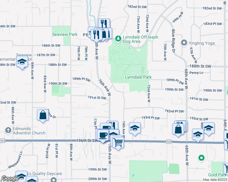 map of restaurants, bars, coffee shops, grocery stores, and more near 19024 75th Avenue West in Lynnwood