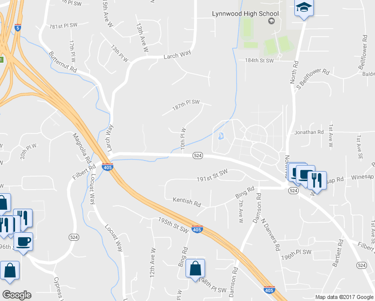 map of restaurants, bars, coffee shops, grocery stores, and more near 18931 10th Place West in Lynnwood