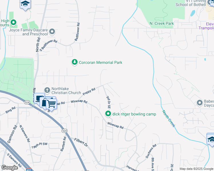 map of restaurants, bars, coffee shops, grocery stores, and more near 18917 4th Avenue Southeast in Bothell