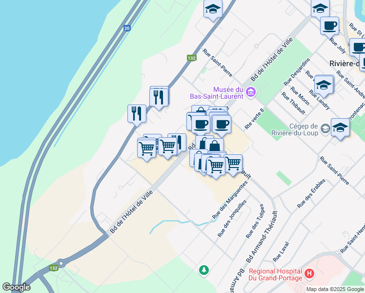 map of restaurants, bars, coffee shops, grocery stores, and more near Rue des Sorbiers in Rivière-du-Loup