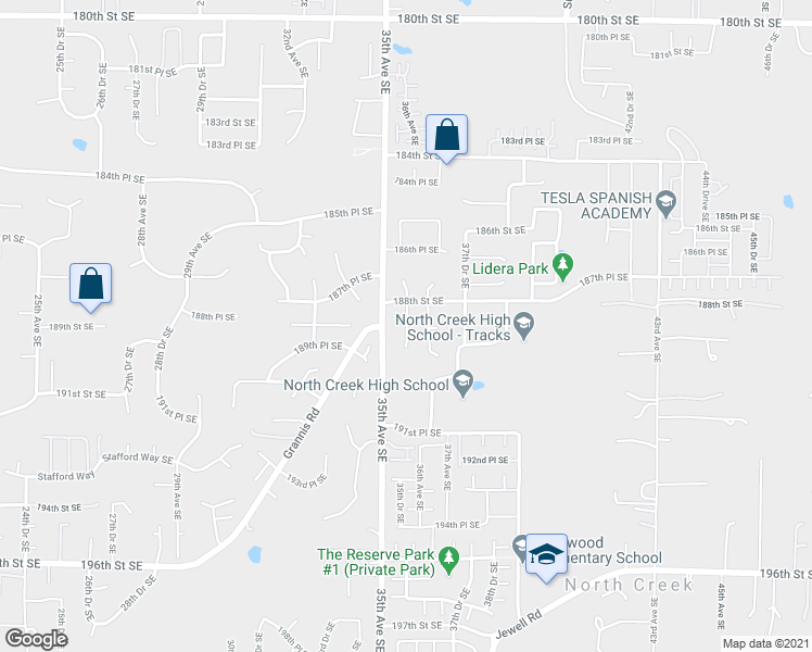 map of restaurants, bars, coffee shops, grocery stores, and more near 18914 35th Drive Southeast in Bothell