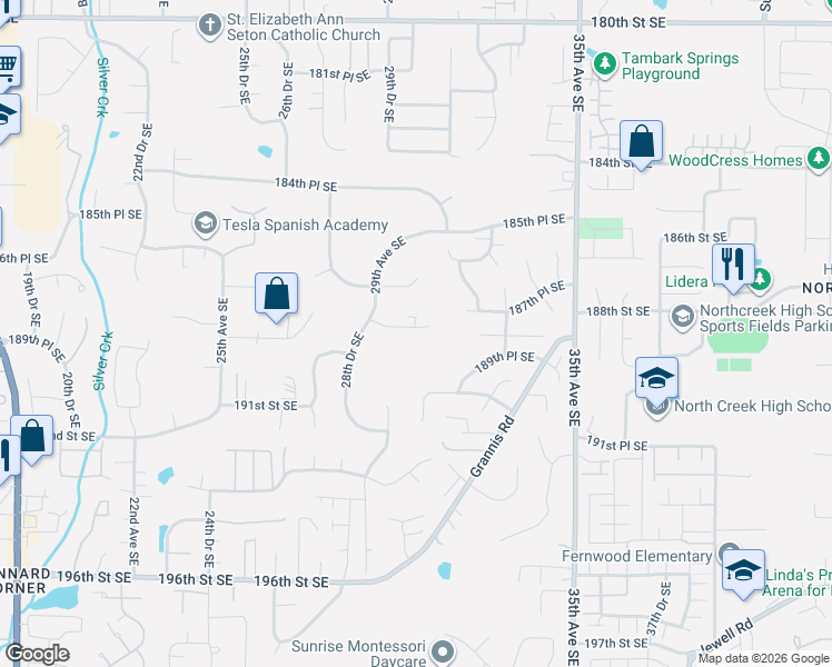 map of restaurants, bars, coffee shops, grocery stores, and more near 3028 188th Place Southeast in Bothell