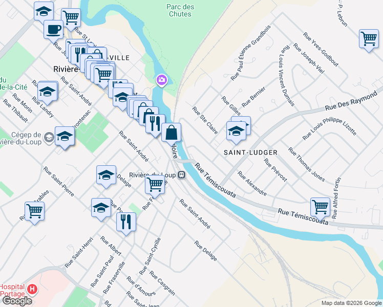 map of restaurants, bars, coffee shops, grocery stores, and more near 47 Rue Témiscouata in Riviã¨Re-Du-Loup