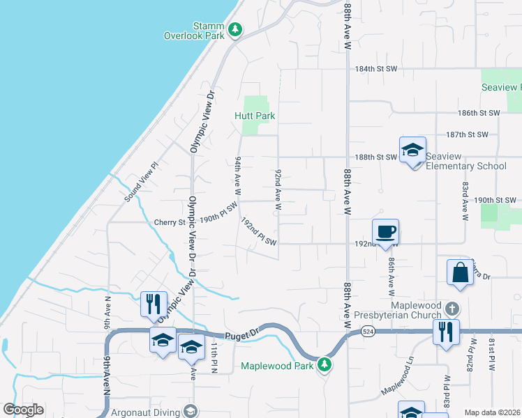 map of restaurants, bars, coffee shops, grocery stores, and more near 9224 190th Street Southwest in Edmonds