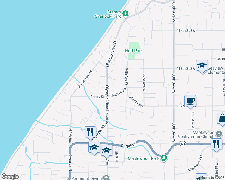 map of restaurants, bars, coffee shops, grocery stores, and more near 9527 190th Place Southwest in Edmonds