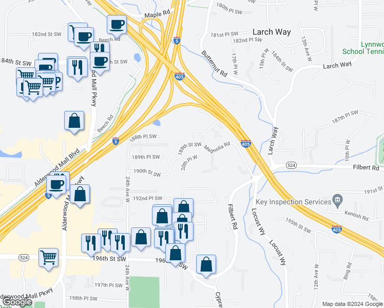 map of restaurants, bars, coffee shops, grocery stores, and more near 18922 20th Place West in Lynnwood