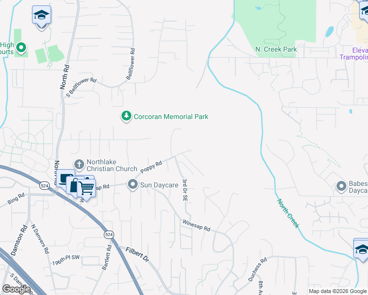 map of restaurants, bars, coffee shops, grocery stores, and more near 18707 2nd Drive Southeast in Bothell