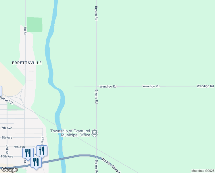 map of restaurants, bars, coffee shops, grocery stores, and more near 306251 Wendigo Road in Englehart