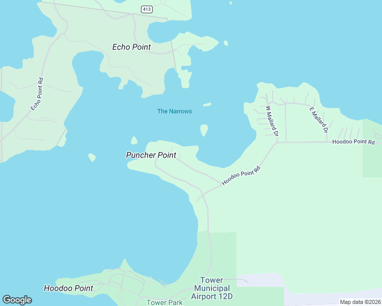 map of restaurants, bars, coffee shops, grocery stores, and more near 5737 Puncher Point Road in Tower