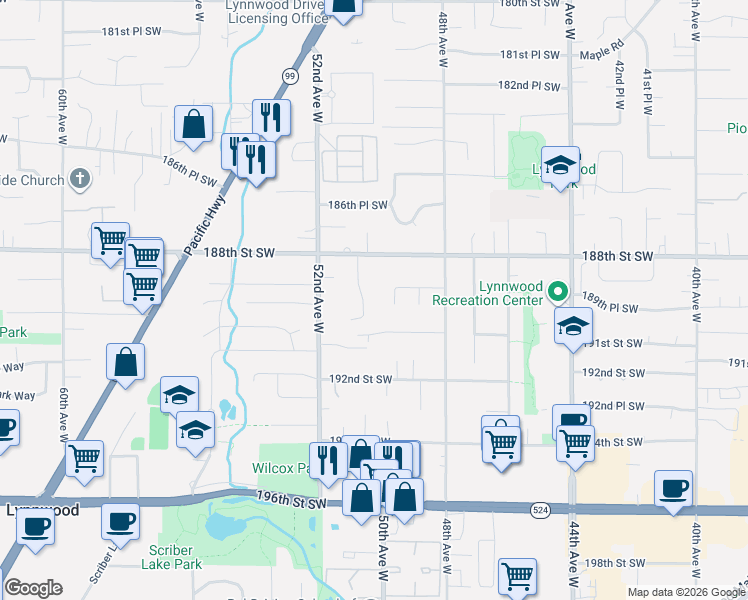 map of restaurants, bars, coffee shops, grocery stores, and more near 18829 51st Place West in Lynnwood