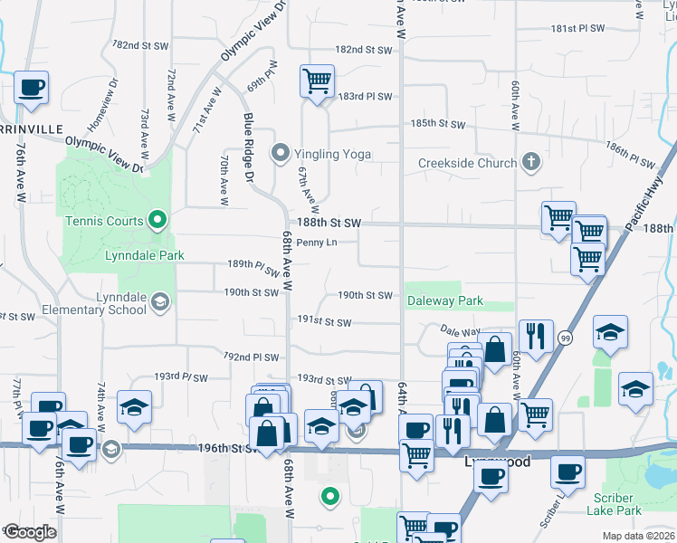 map of restaurants, bars, coffee shops, grocery stores, and more near 18904 65th Place West in Lynnwood