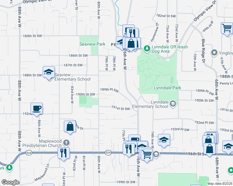 map of restaurants, bars, coffee shops, grocery stores, and more near 7804 189th Place Southwest in Edmonds