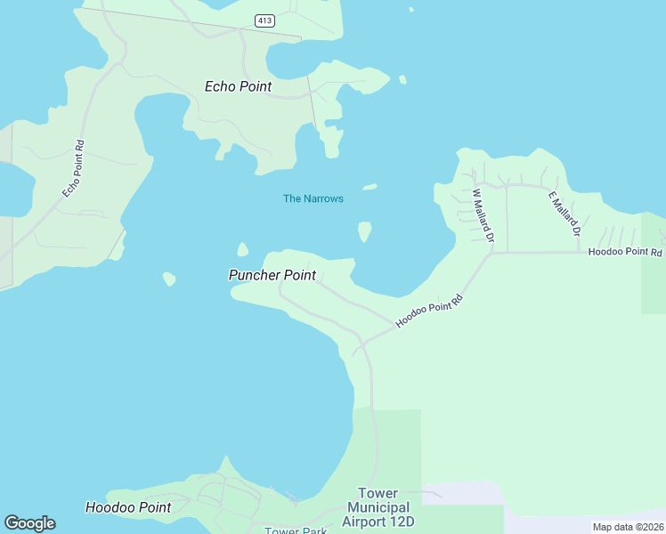 map of restaurants, bars, coffee shops, grocery stores, and more near 5737 Puncher Point Road in Tower