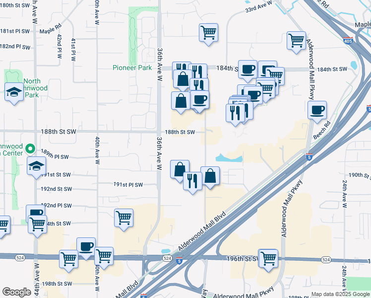 map of restaurants, bars, coffee shops, grocery stores, and more near 18727 36th Avenue West in Lynnwood