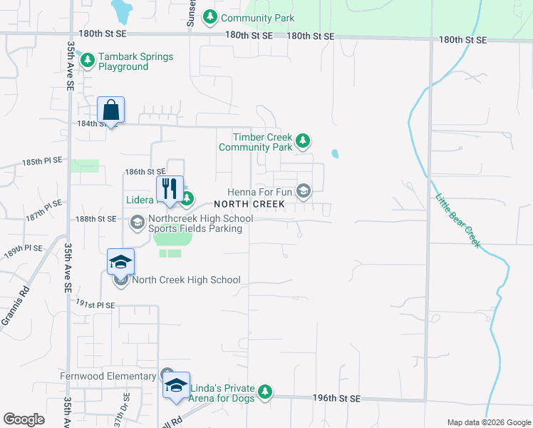 map of restaurants, bars, coffee shops, grocery stores, and more near 18710 44th Park Southeast in Mill Creek