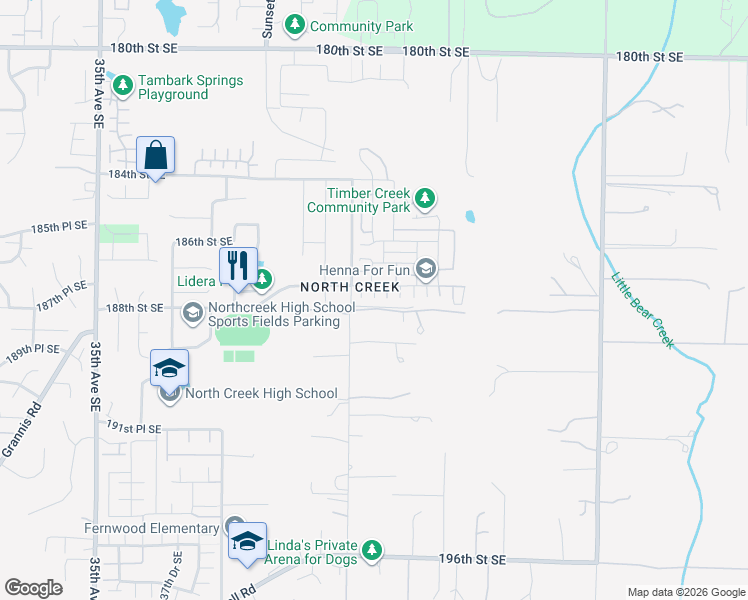 map of restaurants, bars, coffee shops, grocery stores, and more near 18710 44th Park Southeast in Mill Creek