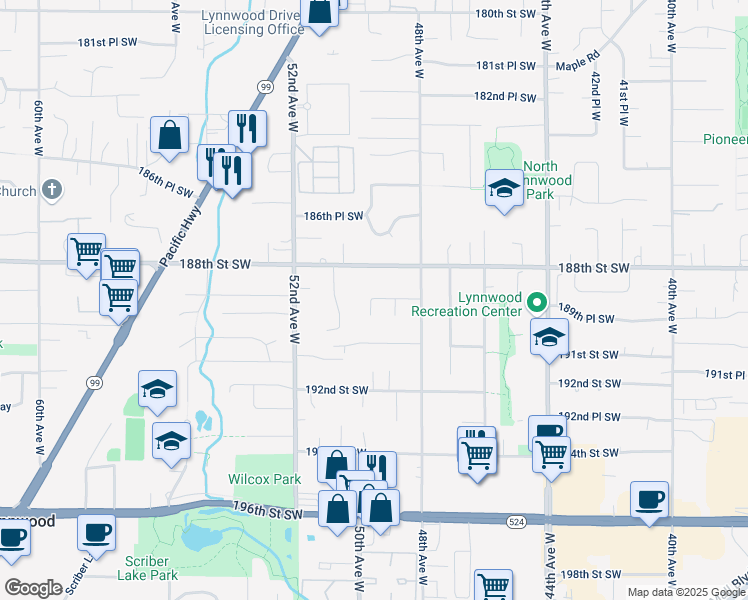 map of restaurants, bars, coffee shops, grocery stores, and more near 4905 189th Street Southwest in Lynnwood