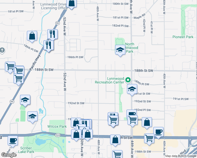 map of restaurants, bars, coffee shops, grocery stores, and more near 48th Avenue West in Lynnwood