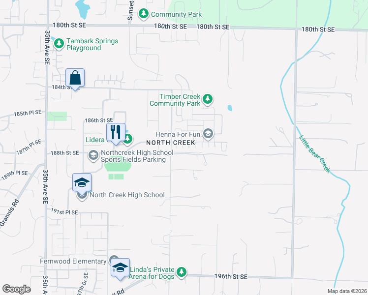 map of restaurants, bars, coffee shops, grocery stores, and more near 18710 44th Park Southeast in Mill Creek