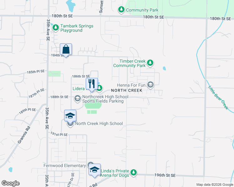 map of restaurants, bars, coffee shops, grocery stores, and more near 4130 187th Place Southeast in Bothell