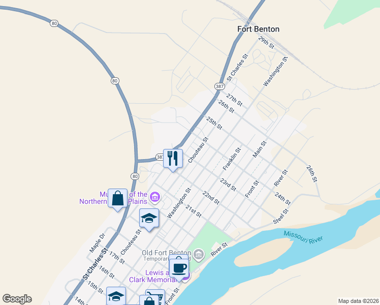 map of restaurants, bars, coffee shops, grocery stores, and more near 23rd St in Fort Benton