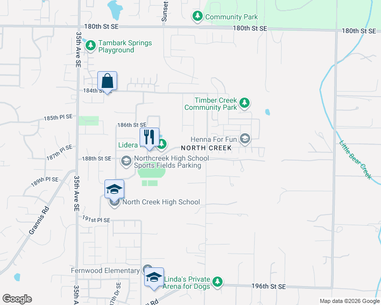 map of restaurants, bars, coffee shops, grocery stores, and more near 18720 42nd Avenue Southeast in Bothell