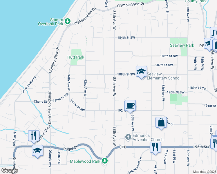 map of restaurants, bars, coffee shops, grocery stores, and more near 18912 88th Avenue West in Edmonds